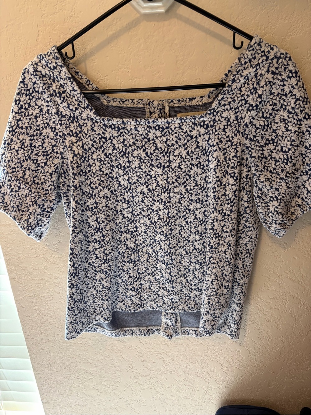Madewell Navy and White Floral Square-Neck Puff Sleeve Top